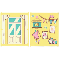 Glass for Window 1 x 6 x 6 Flat Front with Window with Medium Azure Panes, White Frame, Bottom Panels and Reflections / Bright Pink Stick Unicorn, Lizard, Rainbow, Beach Ball, Taped Pictures, Hanging Map and Bunting Pattern Glass for Window 1 x 6 x 6 Flat Front with Window with Medium Azure Panes, White Frame, Bottom Panels and Reflections / Bright Pink Stick Unicorn, Lizard, Rainbow, Beach Ball, Taped Pictures, Hanging Map and Bunting Pattern