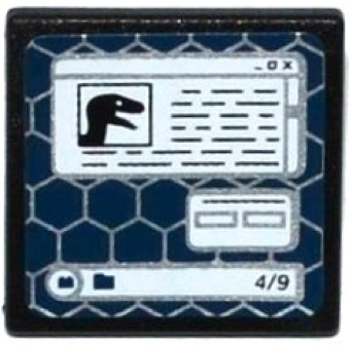 Деталь LEGO 15210pb050 Road Sign 2 x 2 Square with Open O Clip with Black Raptor Head and '4/9' on Computer Screen Pattern (Sticker) - Set 75917