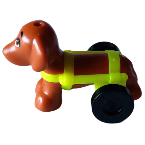 Деталь LEGO 100559pb01c02 Dog, Friends Style, Dachshund with Neon Yellow Wheelchair Harness with Black Wheels (Pickle)