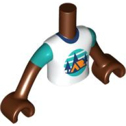 Torso Mini Doll Boy White T-Shirt with Orange Tent, Dark Blue Trees, Dark Turquoise Sky and Ground Pattern, Reddish Brown Arms with Hands with Dark Turquoise Short Sleeves