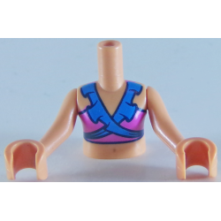 Torso Mini Doll Girl Dark Pink and Dark Azure Swimsuit Top Pattern, Nougat Arms with Hands