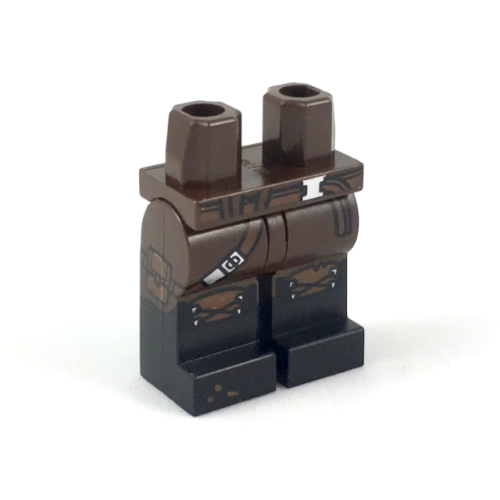 Деталь LEGO 970c00pb0898 Hips and Legs with Molded Black Lower Legs / Boots and Printed Reddish Brown Belt and Strap with Silver Buckles, Boot Tongues with Laces, and Pouch on Right Side Pattern