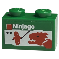 Brick 1 x 2 with LEGO Ninjago Set Box Art, Red Ninja Minifigure Silhouette with Black Sword, Dragon Head Pattern (Sticker) - Sets 40145 / 40305 and Gear 40359 - Green