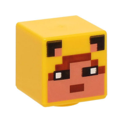 Minifigure, Head, Modified Cube with Pixelated Nougat Face, Black Eyes and Ears, and Reddish Brown Hair and Mouth Pattern (Minecraft Ocelot Skin)