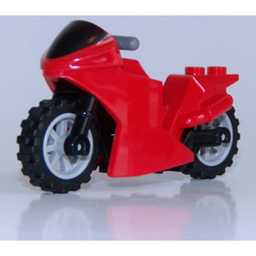 Деталь LEGO 18895c02pb01 Motorcycle Sport Bike with Black Windshield Pattern, Black Frame, Light Bluish Gray Wheels and Dark Bluish Gray Handlebars