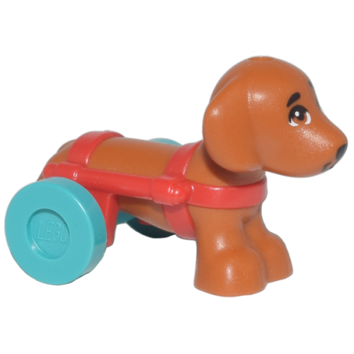 Деталь LEGO 100559pb03c01 Dog, Friends Style, Dachshund with Red Wheelchair Harness with Dark Turquoise Wheels (Pickle)