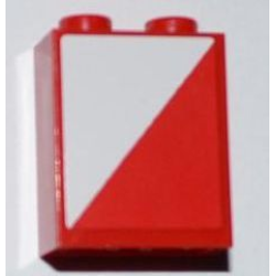 Brick 1 x 2 x 2 with Inside Axle Holder with Red and White Diagonal Halves Pattern Model Left Side (Sticker) - Set 3182 Brick 1 x 2 x 2 with Inside Axle Holder with Red and White Diagonal Halves Pattern Model Left Side (Sticker) - Set 3182