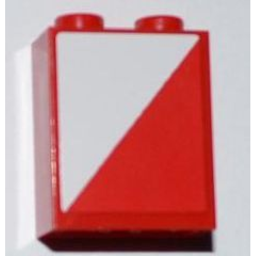 Деталь LEGO 3245bpb24L Brick 1 x 2 x 2 with Inside Axle Holder with Red and White Diagonal Halves Pattern Model Left Side (Sticker) - Set 3182