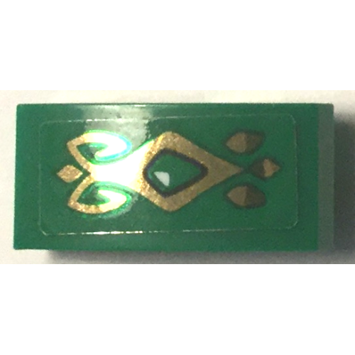 Деталь LEGO 11477pb149 Slope, Curved 2 x 1 x 2/3 with Green Jewel and Gold Scrollwork Pattern (Sticker) - Set 41194