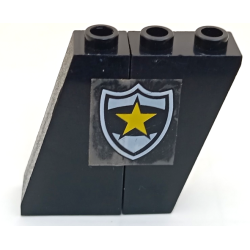 Stickered Assembly 4 x 1 x 3 with Police Yellow Star Badge Pattern Model Left Side (Sticker) - Set 6483 - Slope 75 2 x 1 x 3 - Open Stud, 1 Slope, Inverted 75 2 x 1 x 3 Stickered Assembly 4 x 1 x 3 with Police Yellow Star Badge Pattern Model Left Side (Sticker) - Set 6483 - Slope 75 2 x 1 x 3 - Open Stud, 1 Slope, Inverted 75 2 x 1 x 3