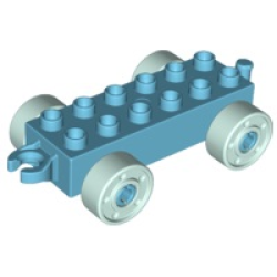 Duplo Car Base 2 x 6 with Open Hitch End and Light Aqua Wheels with Fake Bolts - Medium Azure Duplo Car Base 2 x 6 with Open Hitch End and Light Aqua Wheels with Fake Bolts - Medium Azure