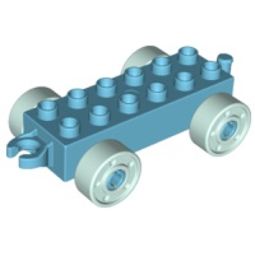 Деталь LEGO 11248c08 Duplo Car Base 2 x 6 with Open Hitch End and Light Aqua Wheels with Fake Bolts - Medium Azure