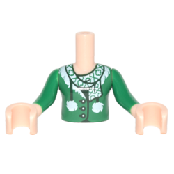 Torso Mini Doll Girl Green Sweater and Scarf and White Pom Poms Pattern, Light Nougat Arms with Hands with Green Long Sleeves