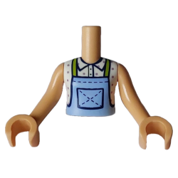 Torso Mini Doll Girl Bright Light Blue Overalls with Black Pocket and Lime Straps over White Shirt with Magenta Dots Pattern, Medium Tan Arms with Hands