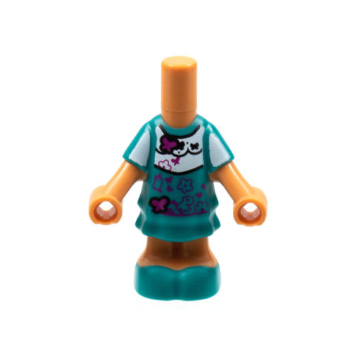 Деталь LEGO 69969pb08 Micro Doll, Body with Molded Dark Turquoise Short Layered Dress and Shoes and Printed White Shirt with Black and Magenta Butterflies and Flowers Pattern