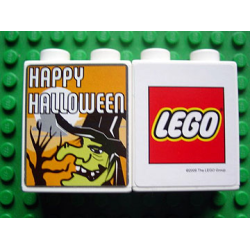 Duplo, Brick 1 x 2 x 2 with Halloween 2006 Happy Halloween and Witch Pattern (Stickered) Duplo, Brick 1 x 2 x 2 with Halloween 2006 Happy Halloween and Witch Pattern (Stickered)