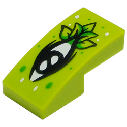 Slope, Curved 2 x 1 x 2/3 with Black Eye and Leaves, Bright Green and White Dots Pattern Slope, Curved 2 x 1 x 2/3 with Black Eye and Leaves, Bright Green and White Dots Pattern