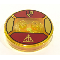 Dimensions Toy Tag 4 x 4 x 2/3 with 2 Studs and Trans-Orange Bottom with Hogwarts Gryffindor Crest and Gold Deathly Hallows Symbol on Dark Red Background Pattern (Hermione Granger)