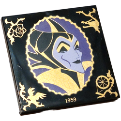 Tile 4 x 4 with Lavender and Dark Purple Maleficent Portrait in Scalloped Oval Frame with Gold Filigree, '1959', Rose, Dragon, Raven Diablo and Spinning Wheel Pattern