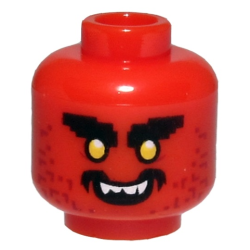 Minifigure, Head Alien with Black Bushy Eyebrows, Yellow Eyes, Dark Red Stubble, Open Mouth Smile with White Teeth Pattern