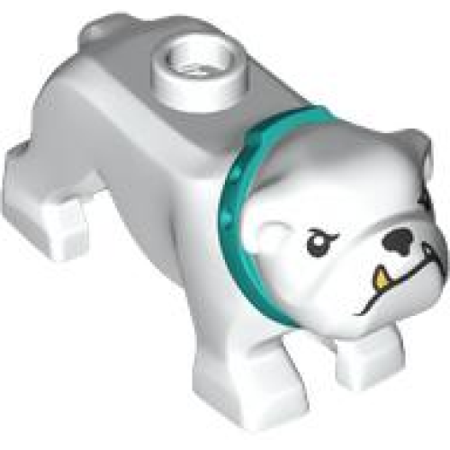 Деталь LEGO 65388pb03 Dog, Bulldog with Molded Dark Turquoise Collar and Printed Black Eyes, Eyebrows, Nose and Mouth, and Gold Tooth Pattern