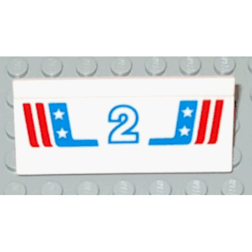 Деталь LEGO 2440pb009 Vehicle, Spoiler / Plow Blade 6 x 3 with Hinge with Red and Blue Stripes with White Number 2 and Stars Pattern (Sticker) - Set 1992