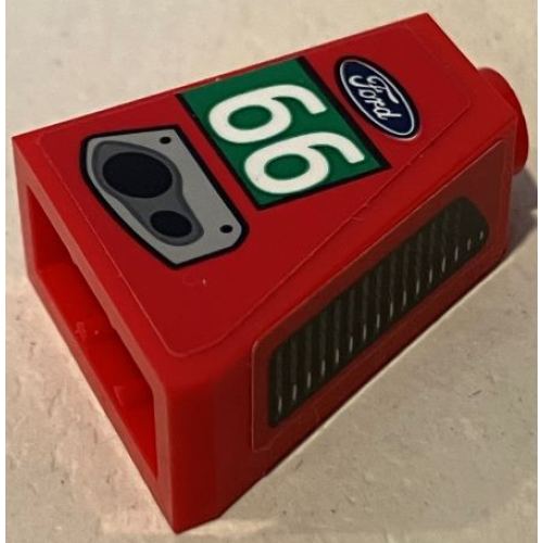 Деталь LEGO 60481pb016R Slope 65 2 x 1 x 2 with Ford Logo, White '66' in Green Rectangle, Exhaust and Air Vent Pattern Model Right Side (Stickers) - Set 75881