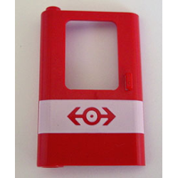 Door 1 x 4 x 5 Train Left, Thin Support at Bottom with White Stripe and Train Logo Pattern Door 1 x 4 x 5 Train Left, Thin Support at Bottom with White Stripe and Train Logo Pattern