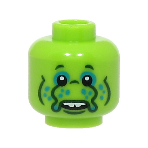 Деталь LEGO 3626pb3327 Minifigure, Head Alien Black Eyes, Dark Turquoise Eye Shadow and Dots, Nose with Tentacles, Dark Green Wrinkles, White Teeth Pattern (BAM)