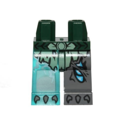 Деталь LEGO 970d22pb01 Hips and 1 Dark Bluish Gray Left Leg, 1 Trans-Light Blue Right Leg with Sand Green Scaled Armor and Scars Pattern