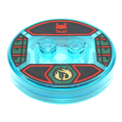 Dimensions Toy Tag 4 x 4 x 2/3 with 2 Studs and Trans-Light Blue Bottom with Gold Phoenix in Dark Green Hexagon and Red Samurai Helmet on Black Background Pattern (Nya)