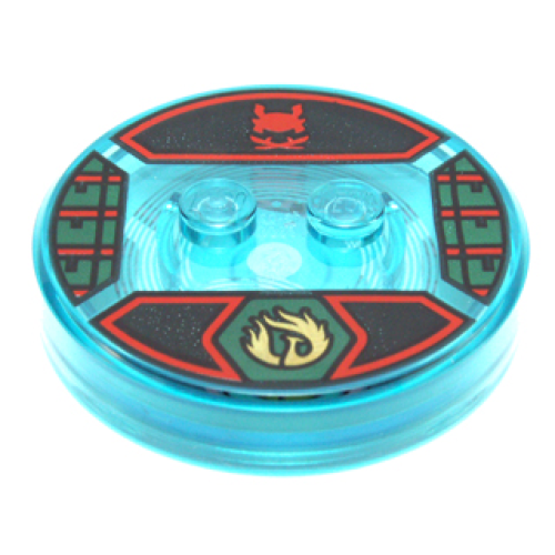 Деталь LEGO 18605c01pb34 Dimensions Toy Tag 4 x 4 x 2/3 with 2 Studs and Trans-Light Blue Bottom with Gold Phoenix in Dark Green Hexagon and Red Samurai Helmet on Black Background Pattern (Nya)