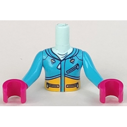 Torso Mini Doll Girl Dark Azure Ski Hoodie with Zippers and Yellow Panel Pattern, Dark Azure Arms with Magenta Hands