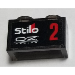 Brick 1 x 2 without Bottom Tube with White 'Stilo', 'OZ RACING' and Red Number 2 Pattern Model Right Side (Sticker) - Set 75885