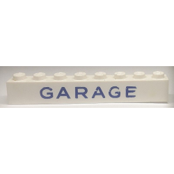 Brick 1 x 8 without Bottom Tubes with Cross Side Supports with Blue 'GARAGE' Sans-Serif Medium Pattern