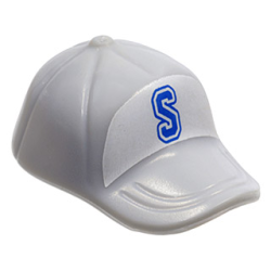 Minifigure, Headgear Cap - Short Curved Bill with Seams and Button on Top with Blue Capital Letter S on White Background Pattern