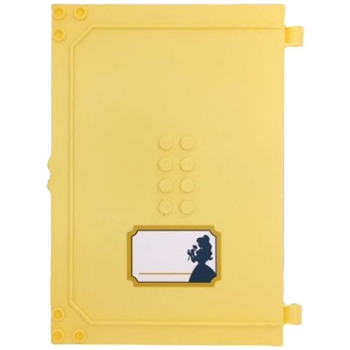 Деталь LEGO 65196pb09 Container, Book Cover Half, 16 x 12 x 2 2/3 (Storybook Adventures) with Name Label with Dark Blue Belle Silhouette on White Background Pattern (Sticker) - Set 43177