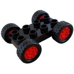 Duplo Car Base 2 x 4 with Fixed Axles, Black Tires and Red Wheels Duplo Car Base 2 x 4 with Fixed Axles, Black Tires and Red Wheels