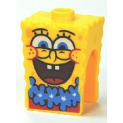 Minifigure, Head, Modified SpongeBob SquarePants with Open Mouth Smile Large and Blue Lei Pattern