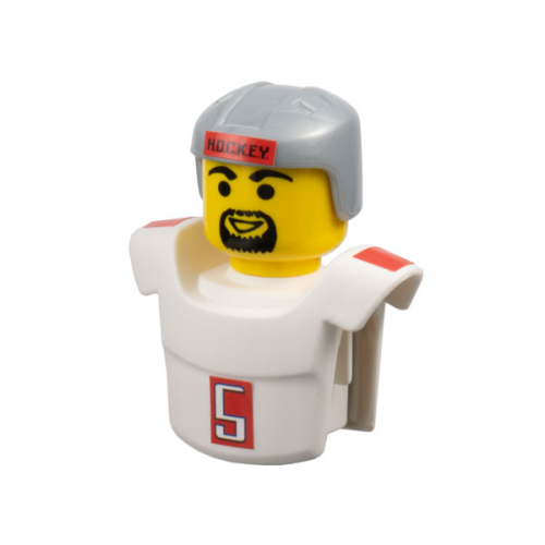 Деталь LEGO 48881c01pb02 Sports Promo Figure Torso and Head Assembly McDonald's Set 4 (7919) with Black 'H.O.C.K.E.Y.', White Number 5 and Red Shoulder Pads Pattern (Stickers) - Set 7919