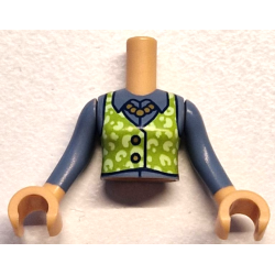 Torso Mini Doll Girl Lime Vest with Yellowish Green Spots, Gold Necklace and 2 Buttons over Sand Blue Blouse Pattern, Medium Tan Arms with Hands with Sand Blue Long Sleeves