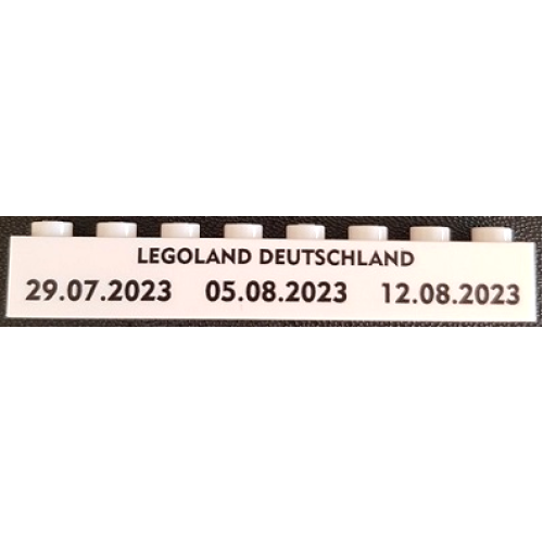 Деталь LEGO 3008pb186 Brick 1 x 8 with 'LEGOLAND DEUTSCHLAND 29.07.2023 05.08.2023 12.08.2023' Pattern