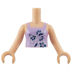 Torso Mini Doll Girl Lavender Vest Top with Black and White Flowers Pattern, Light Nougat Arms with Hands