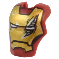 Minifigure, Visor Top Hinge Large with Gold Face Shield, White Eyes, Black Trim on Cheeks, Silver Damage Pattern (Iron Man Mark 6)
