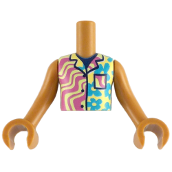 Torso Mini Doll Boy Yellowish Green Sleeveless Shirt with Dark Azure Flowers and Dark Pink Wavy Stripes Pattern, Medium Nougat Arms with Hands