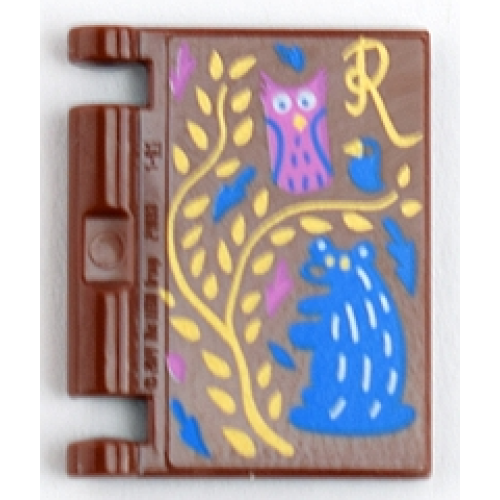 Деталь LEGO 24093pb016 Minifigure, Utensil Book Cover with Gold Vine and Script Letter R, Blue Bird and Groundhog, Dark Pink Owl Pattern