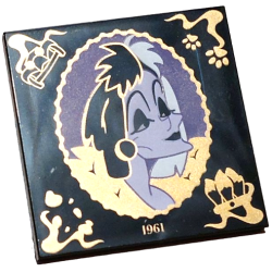 Tile 4 x 4 with Lavender and Dark Purple Cruella De Vil Portrait in Scalloped Oval Frame with Gold Filigree, '1961', Panther De Ville Car, Dalmatian Dog Paws, Spots and Tails Handbag Pattern