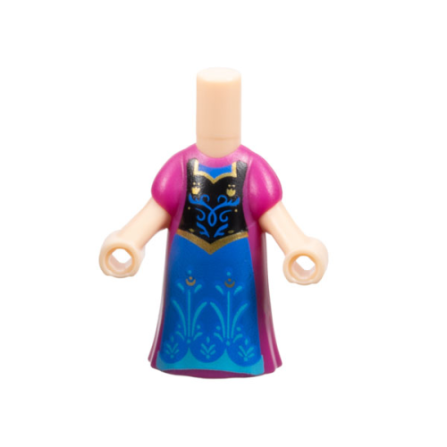Деталь LEGO 65203pb013 Micro Doll, Body with Molded Magenta Dress and Printed Black Panel with Gold Trim over Blue Skirt with Medium Azure Flowers and Scalloped Hem Pattern
