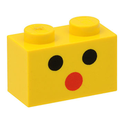 Brick 1 x 2 with Black Dots Eyes and Red Dot Mouth Face Pattern