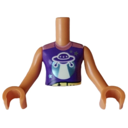 Torso Mini Doll Girl Dark Purple Sleeveless Shirt with UFO, Metallic Pink Collar, Metallic Light Blue Stars and Panels, and Bright Light Yellow Belt Pattern, Nougat Arms with Hands